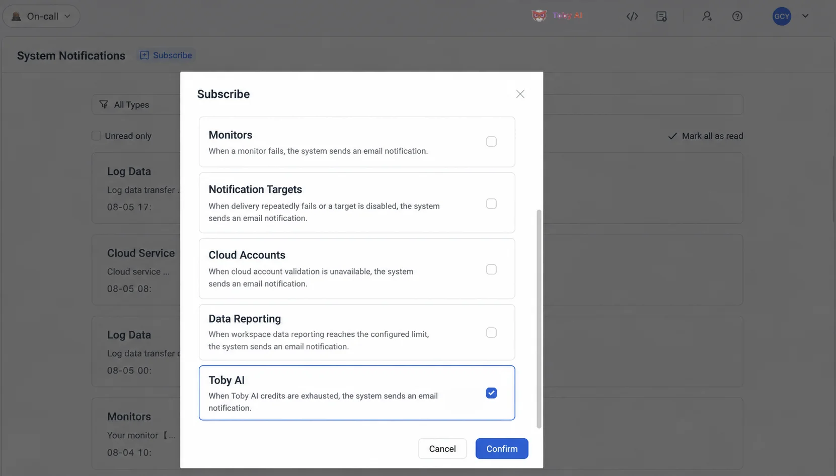 Toby AI credit exhaustion email notification setting