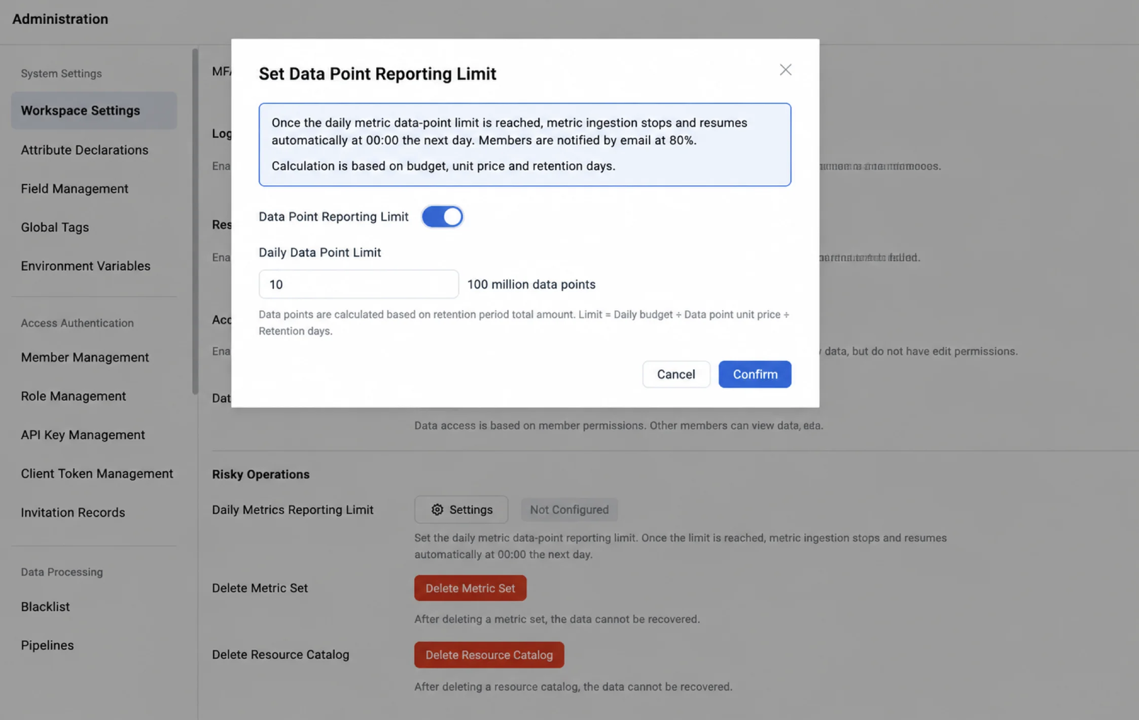 Daily metric data point reporting limit in TrueWatch workspace settings