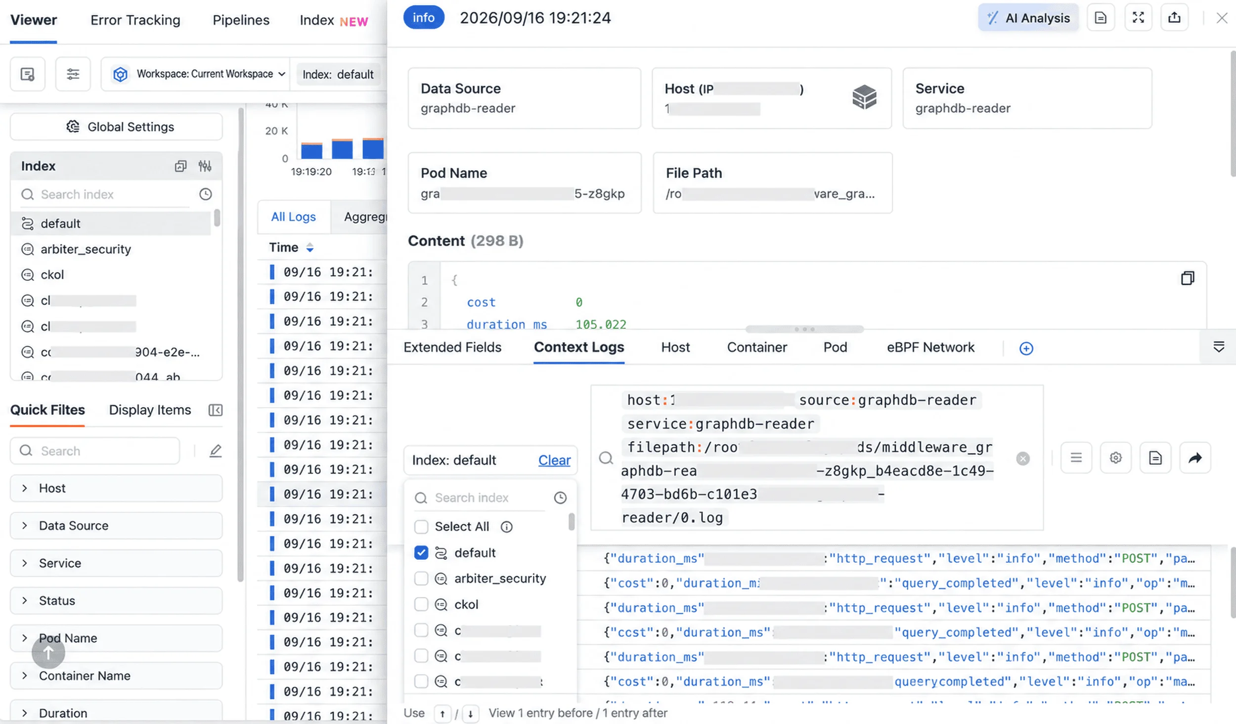 Context log index selector with every permitted index selected in one action
