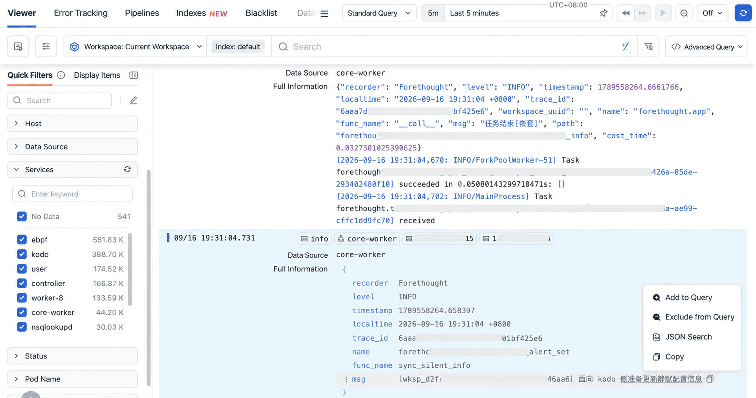 Log viewer selecting a mixed-language log fragment and adding it to the search from the context menu