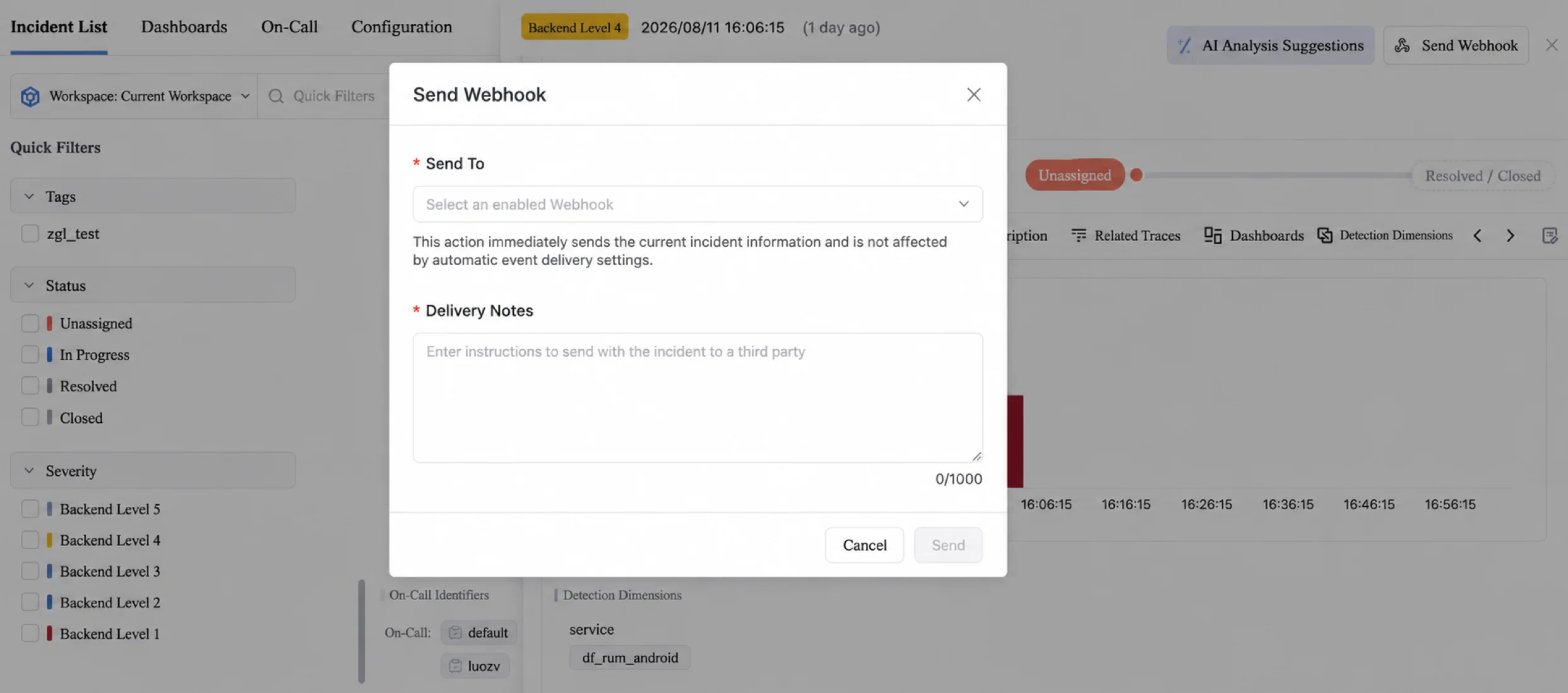 Manually triggering a webhook from a TrueWatch incident detail page