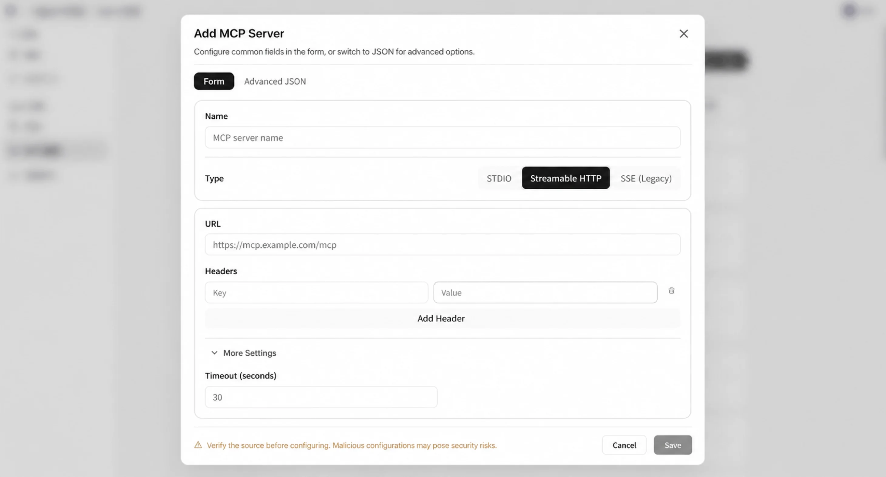 MCP configuration through form or JSON in Toby AI Agents