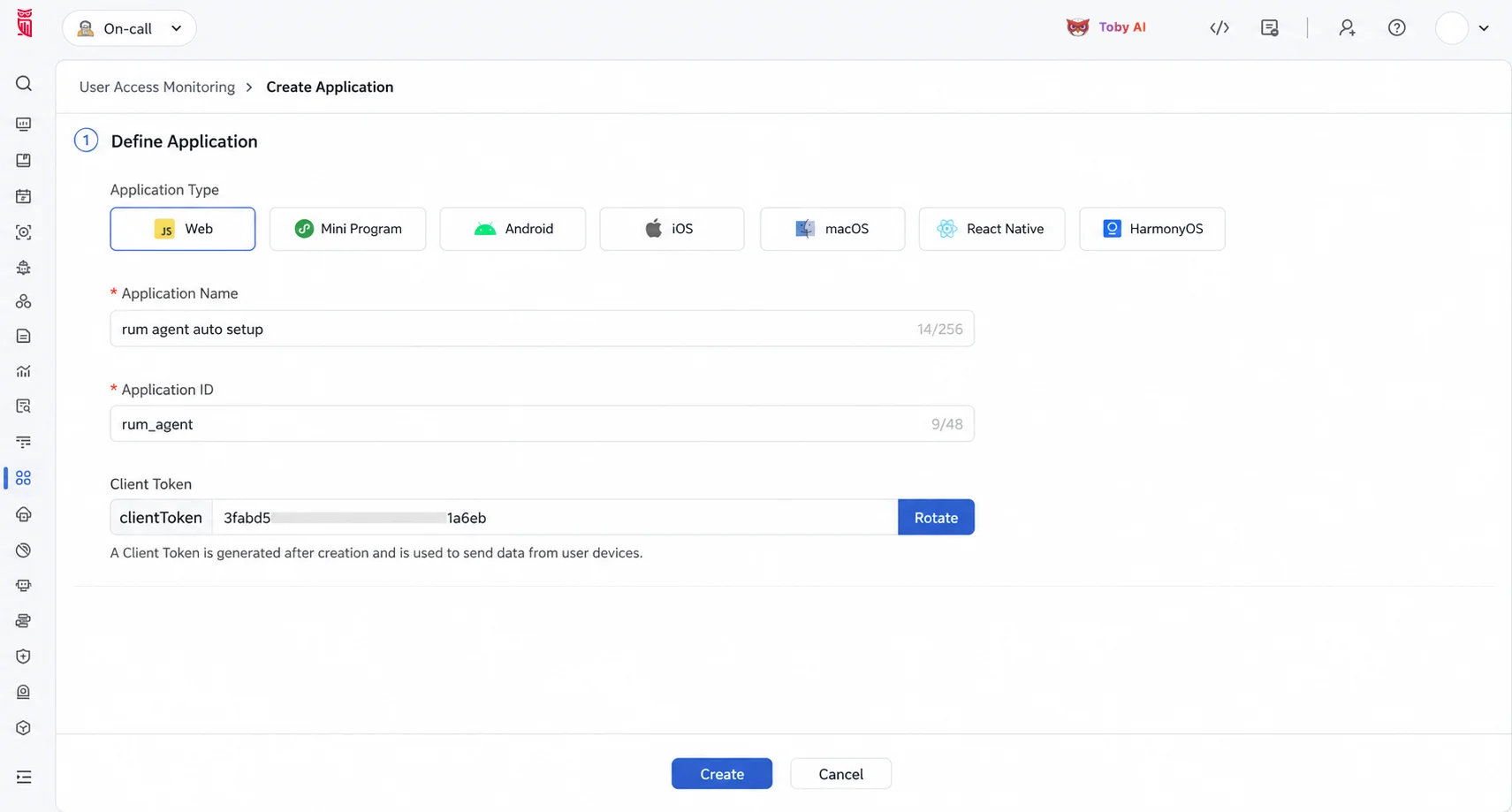 Create a TrueWatch RUM application with application name and application ID