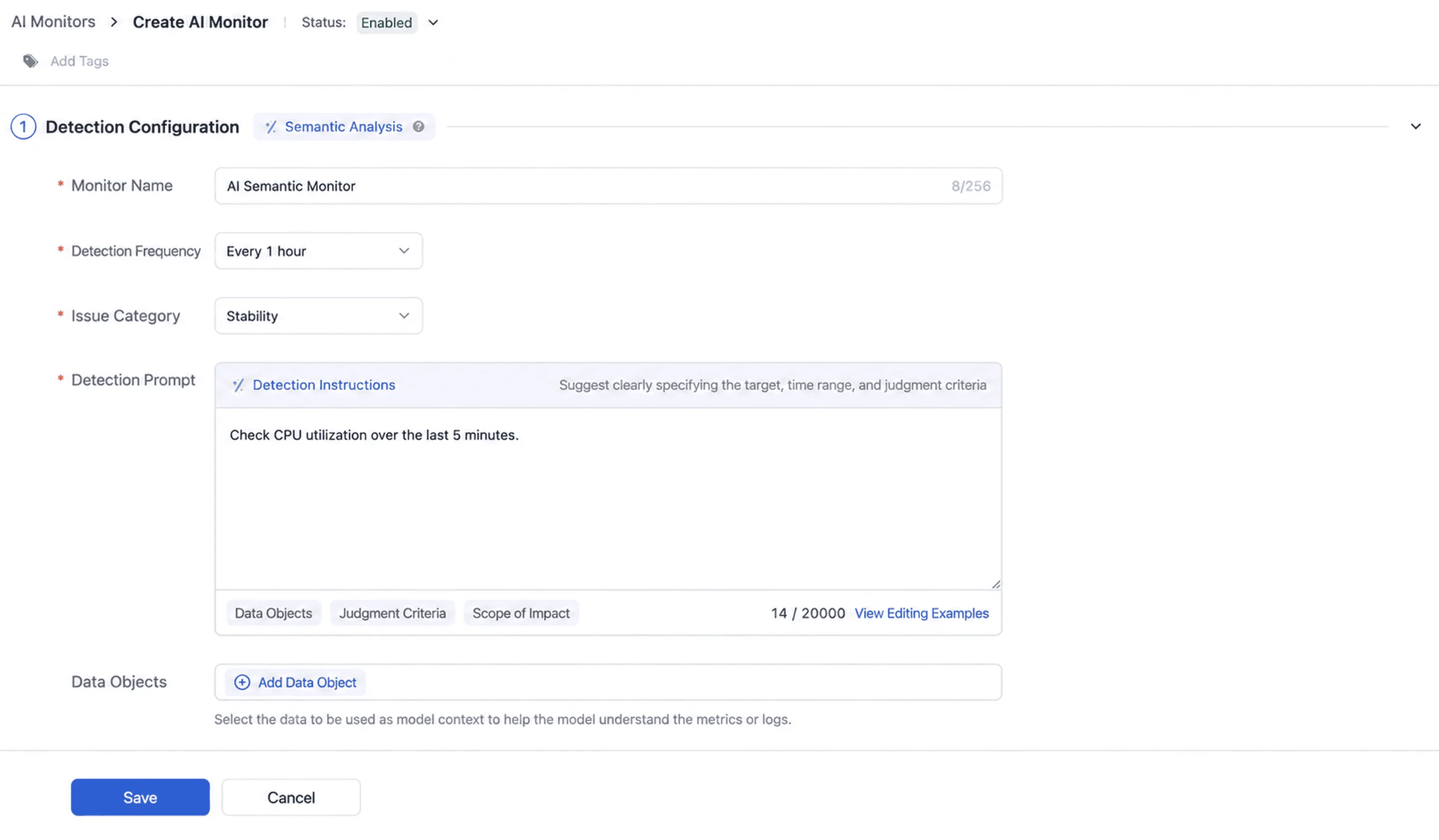 AI semantic monitor configuration where the detection target is described in natural language