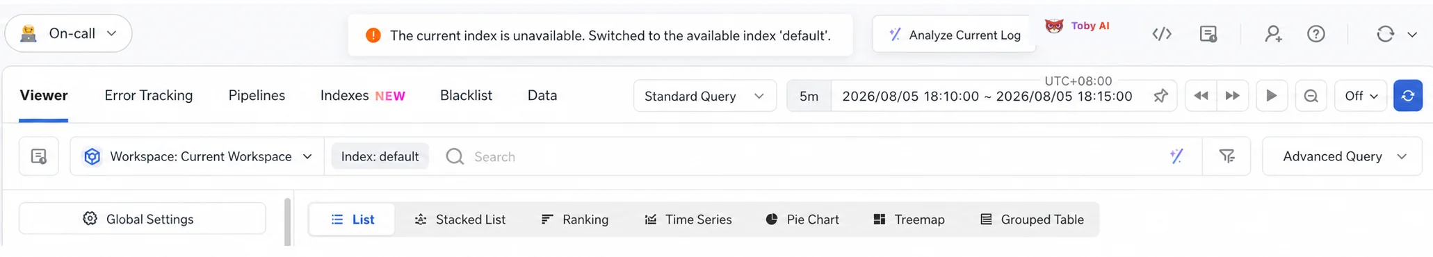 TrueWatch prompt for unavailable log indexes