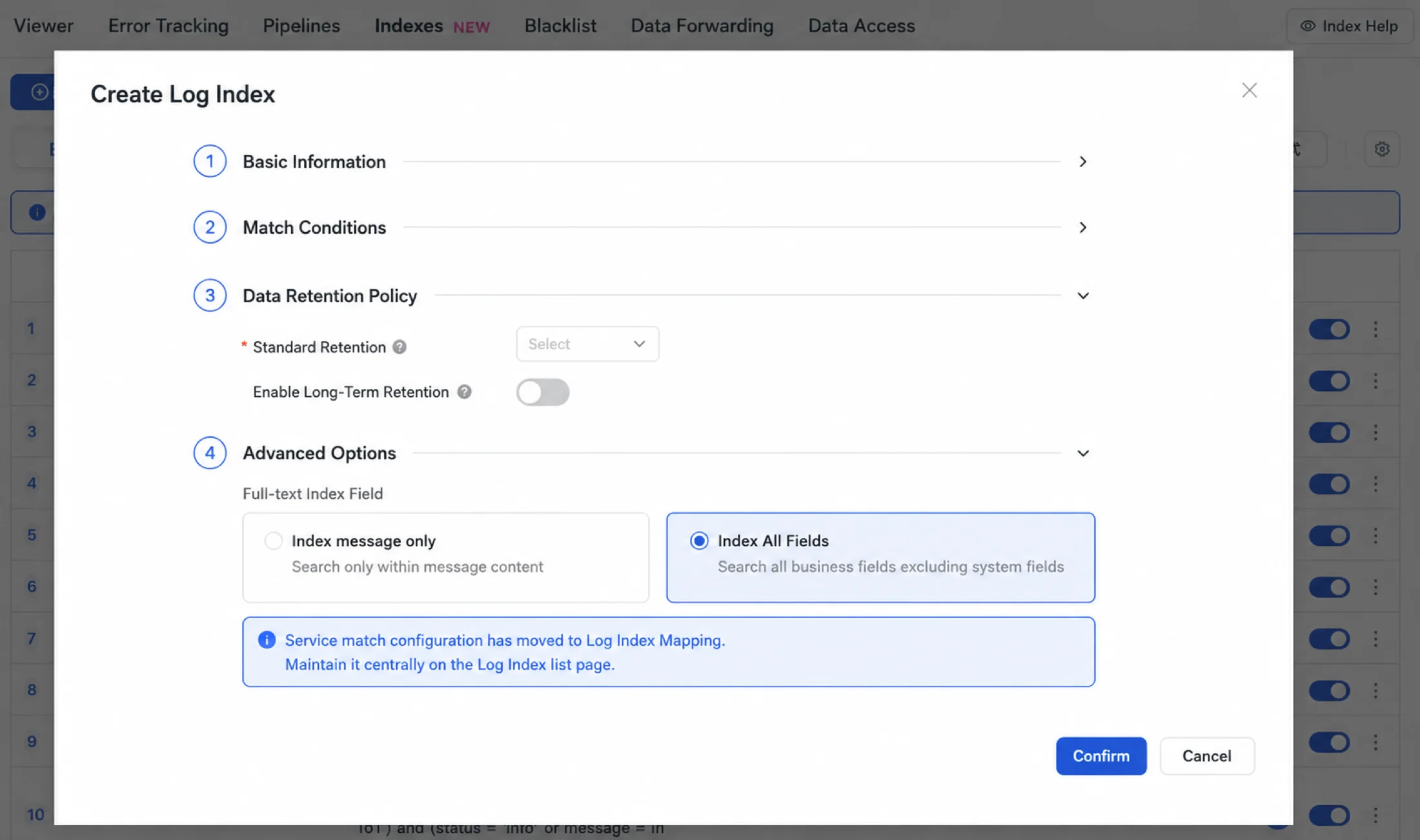Per-index display field configuration for TrueWatch logs