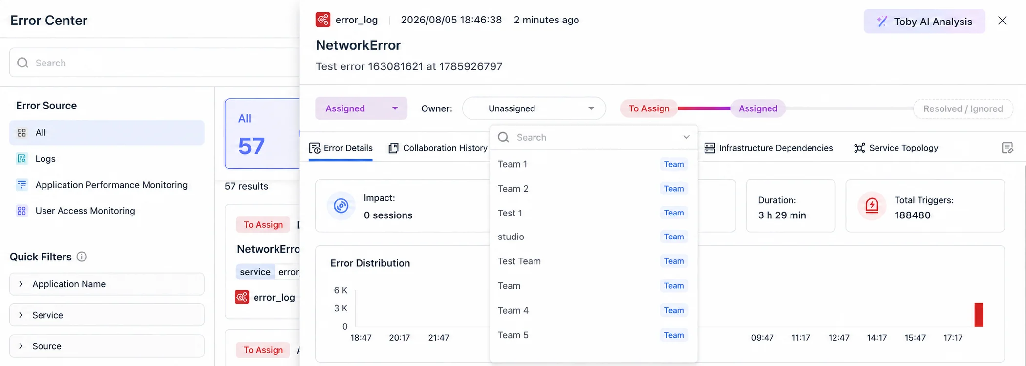 Assign an Error Center ticket to a team in TrueWatch