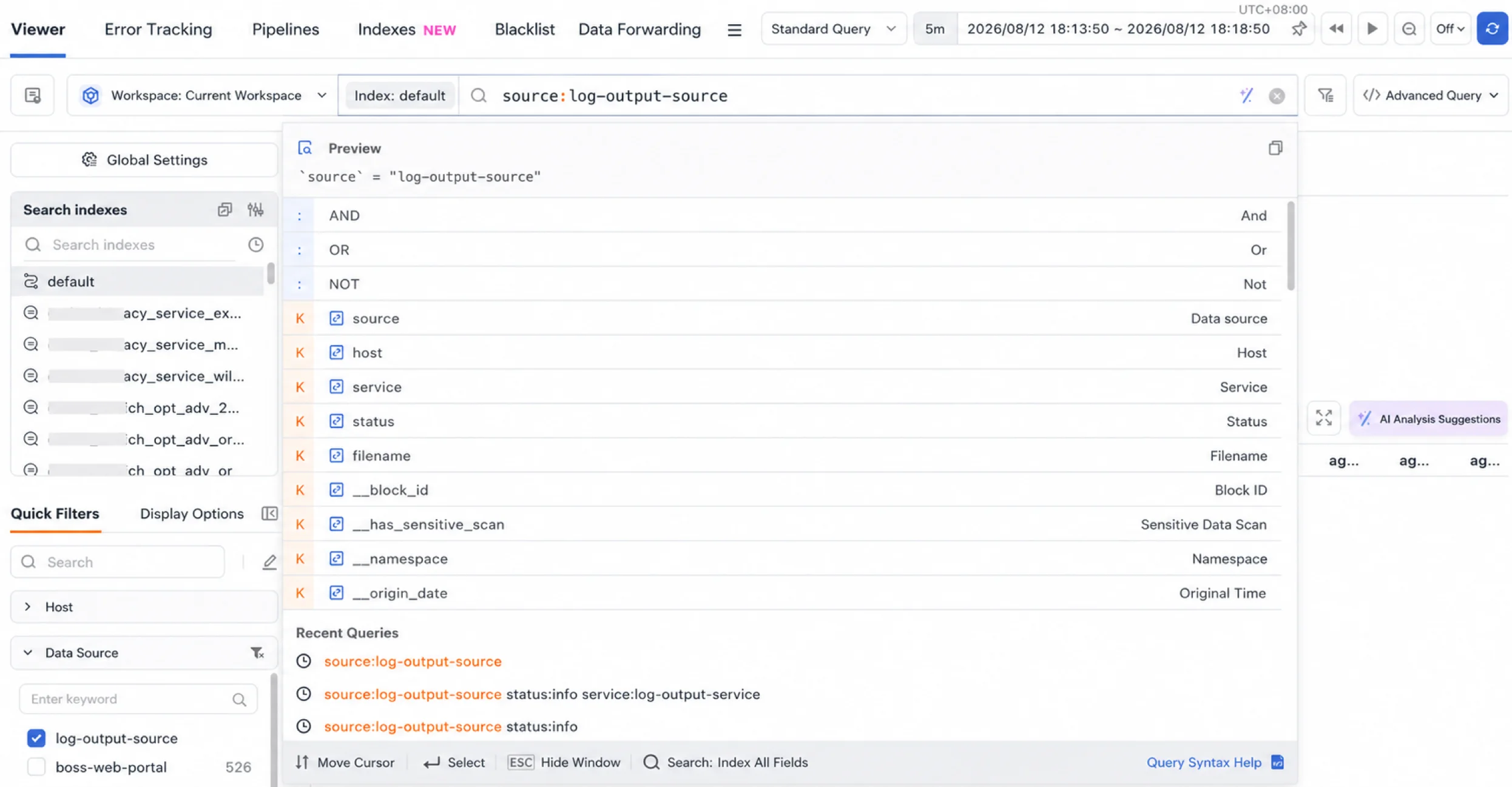 Logical operator hints in the TrueWatch log search box