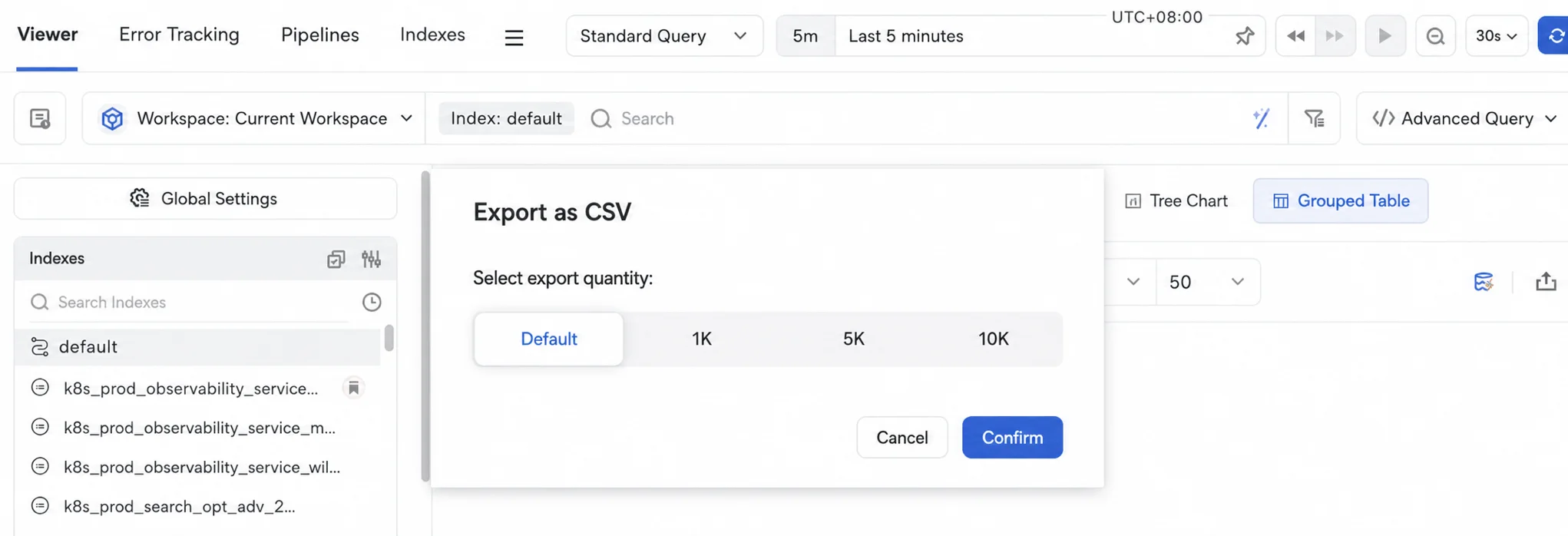 Sampled and full CSV export options for grouped table charts
